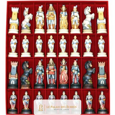 Jeu d'Echecs "Bergame Chevalier Peint à l'Huile" en Bois des Alpes Massif Sculpté Traditionnellement
