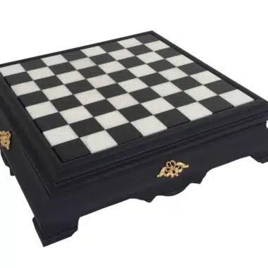 Ensemble Art Deco Luxe Echiquier Sur Pied Noir et Blanc en Bois et Plateau de Jeu en Marbre de Carrare avec Rangement et Jeu D'Echecs Noir et Blanc Or 24 carats – Image 7