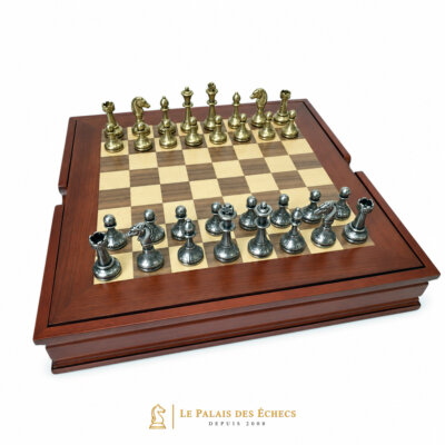 Set Mignon Flower XI Schachbrett mit Stauraum aus Nussbaum und Ahorn und Schachspiel aus Metall