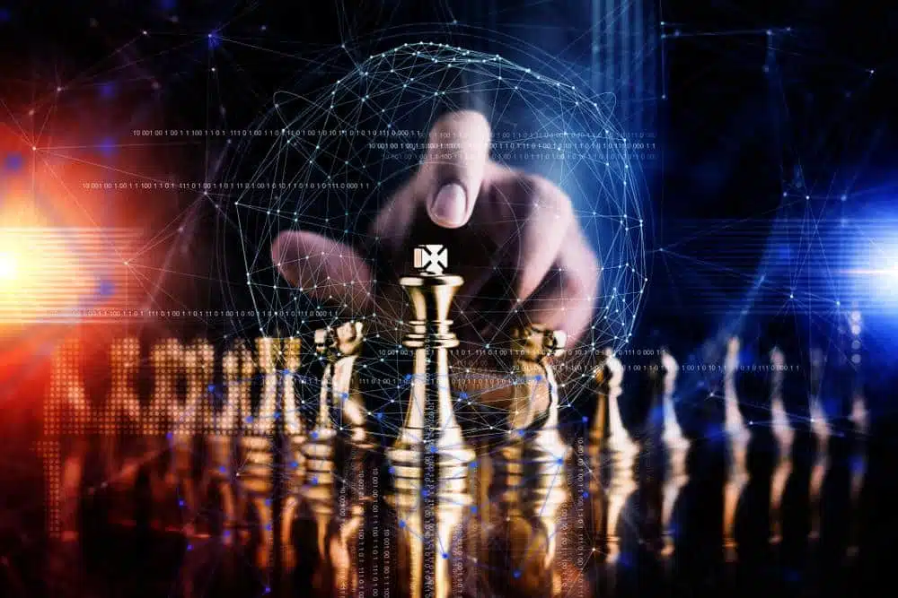 Roi d'échecs futuriste entouré d'un réseau numérique symbolisant la stratégie
