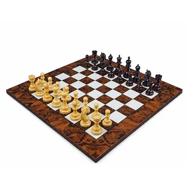Ensemble Garvi Luxe complet, pièces en bois de rose sur échiquier en racine de noyer
