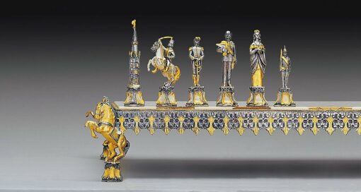 Ensemble "Empereur François-Joseph 1er d'Autriche et Sissi" Echiquier et Jeu d'Echecs en Bronze, Onyx et Or 24 Carats