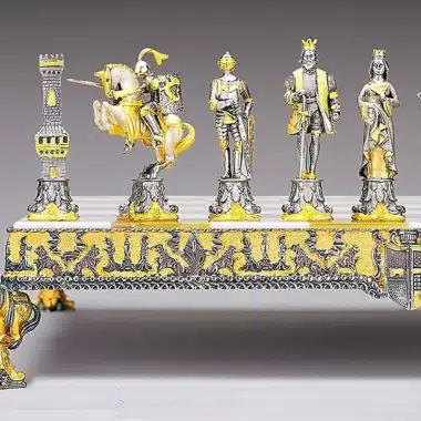 Ensemble "Henri II d'Angleterre" Echiquier et Jeu d'Echecs en Bronze, Onyx et Or 24 Carats