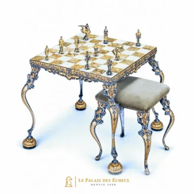 Ensemble "Roi Arthur et Guenièvre" Table d'Echiquier et Jeu d'Echecs en Bronze, Onyx et Or 24 Carats