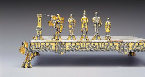 Ensemble "Roi Arthur et Guenièvre" Echiquier et Jeu d'Echecs en Bronze, Onyx et Or 24 Carats