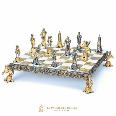 Ensemble "Louis XIV le Roi Soleil II" Echiquier et Jeu d'Echecs en Bronze, Onyx et Or 24 Carats