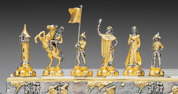 Ensemble "Napoléon Bonaparte Premier Empereur de France" Table d'Echiquier et Jeu d'Echecs en Bronze, Onyx et Or 24 Carats