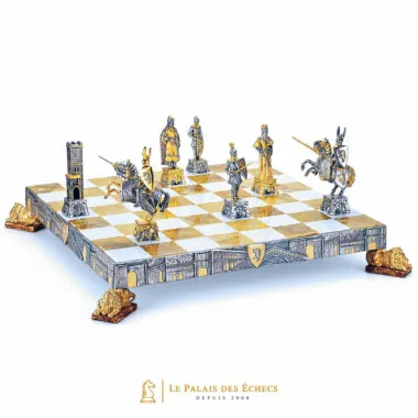 Ensemble "Vénétie Médiévale" Echiquier et Jeu d'Echecs en Bronze, Onyx et Or 24 Carats