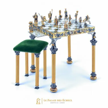 Table d'échiquier carrée avec jeu d'échecs Bataille d'Actium et tabouret velours