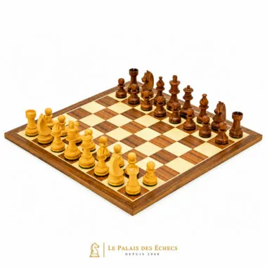 Ensemble Knight Academy complet, échiquier en noyer et érable avec pièces en bois de rose