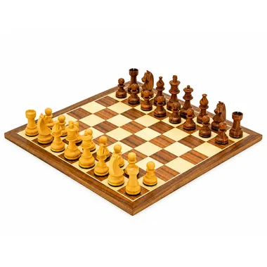 Ensemble Knight Academy complet, échiquier en noyer et érable avec pièces en bois de rose