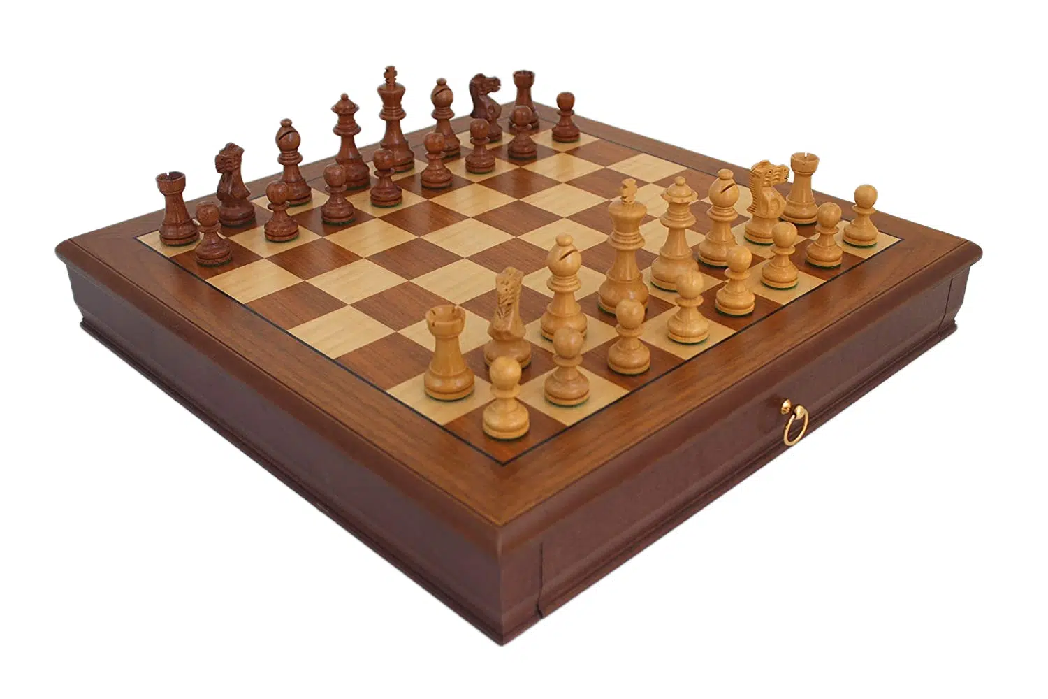Ensemble "Tilleul Small" Echiquier en Bois de Noyer avec Tiroir de Rangement & Jeu d'Echecs Staunton en Bois