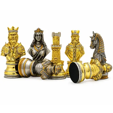 Pièces à bustes médiévaux, roi, dame, tour et cavalier plaqués or et argent