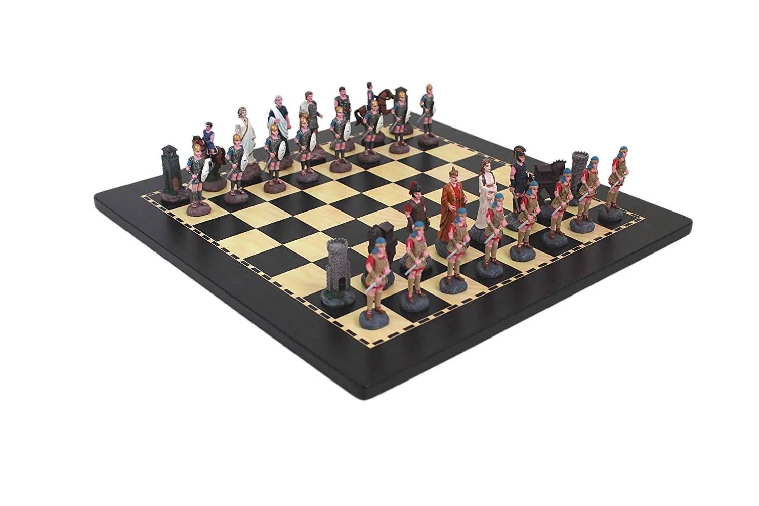 Ensemble Bataille de Troie Echiquier en Bois et Jeu d'Echec en Etain