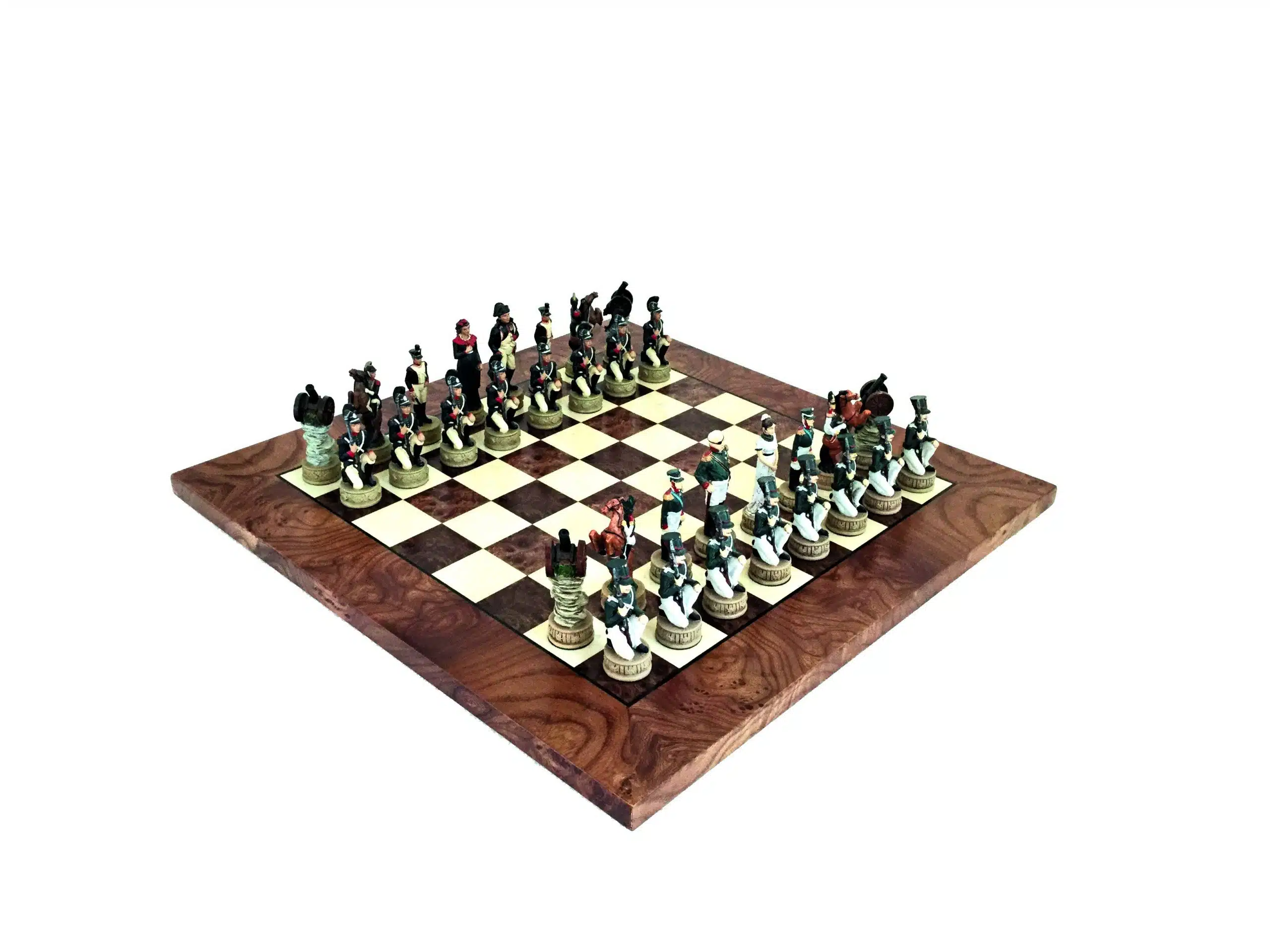 Ensemble Napoleonien Echiquier en Bois d'Orme et de Bruyère et Jeu d'Echecs en Etain