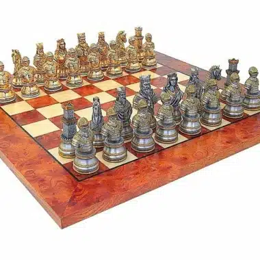 Ensemble "Buste Médieval Haut de Gamme" Echiquier en Bois d'Orme et de Bruyère & Jeu d'Echecs en Etain Massif Plaqué Or et Argent