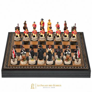 Ensemble Bataille de Waterloo III, échiquier en similicuir et pièces peintes, vue d'ensemble