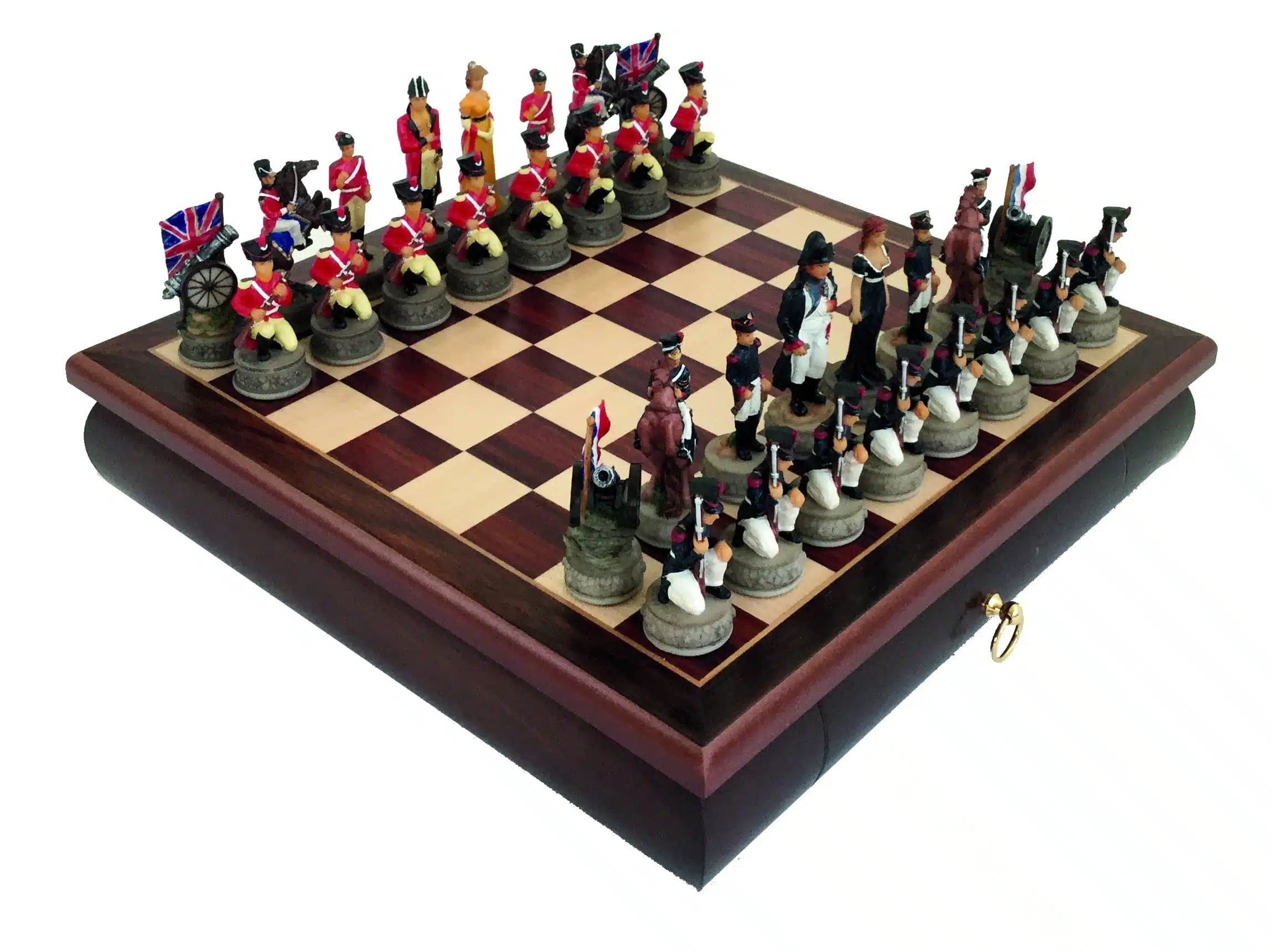 Ensemble Bataille de Waterloo II posé sur échiquier en bois de rose avec tiroir