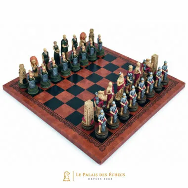 Ensemble Gladiateurs sur échiquier en similicuir, vue d'ensemble des pièces peintes à la main