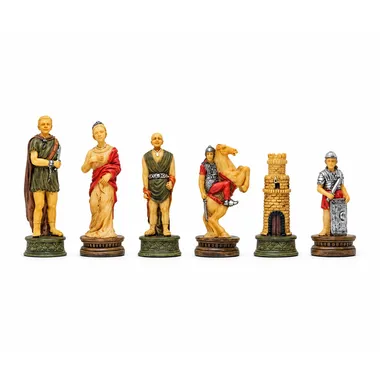 Pièces d'échecs Romains vs Gladiateurs, vue alignée des six figures peintes