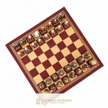 Échiquier similicuir rouge et jeu d'échecs Guerre Anglo-Zouloue, vue en diagonale