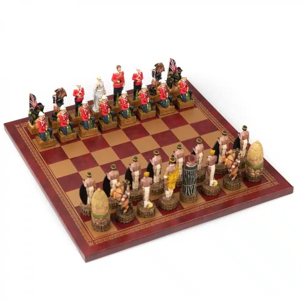 Ensemble Guerre Anglo-Zouloue Echiquier en Similicuir Rouge et Jeu d'Echecs en Résine Peint à la Main
