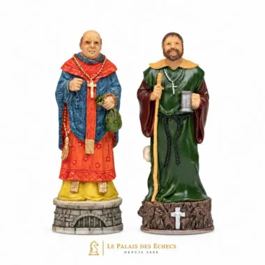 Pièces dame du jeu Robin des Bois : deux personnages de clergé en robe colorée, résine peinte
