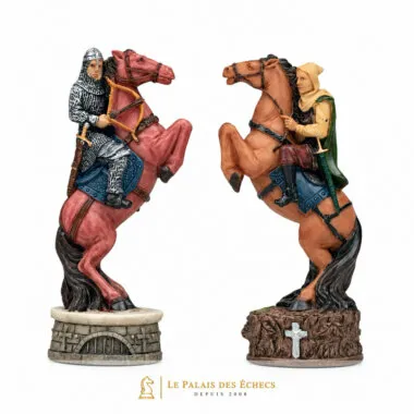Pièces cavalier du jeu Robin des Bois : chevalier et archer sur chevaux cabrés en résine