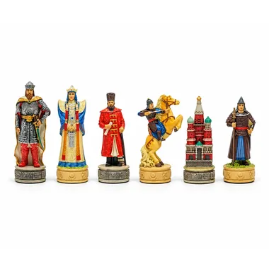 Jeu d'échecs en résine Russes vs Mongoles, pièces peintes alignées