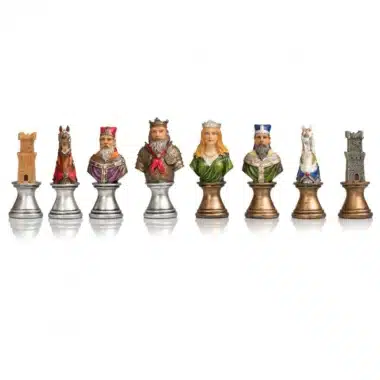 Pièces d'échecs Buste Médiéval V alignées, tour, cavalier, roi, dame, fou et tour