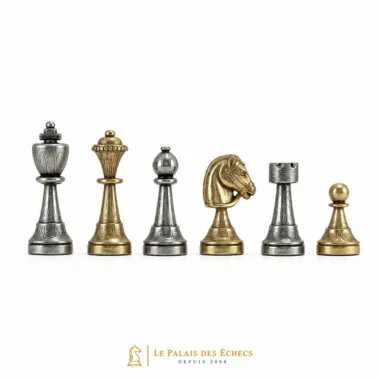 Jeu d'échecs en métal Staunton, alignement complet des pièces dorées et argentées