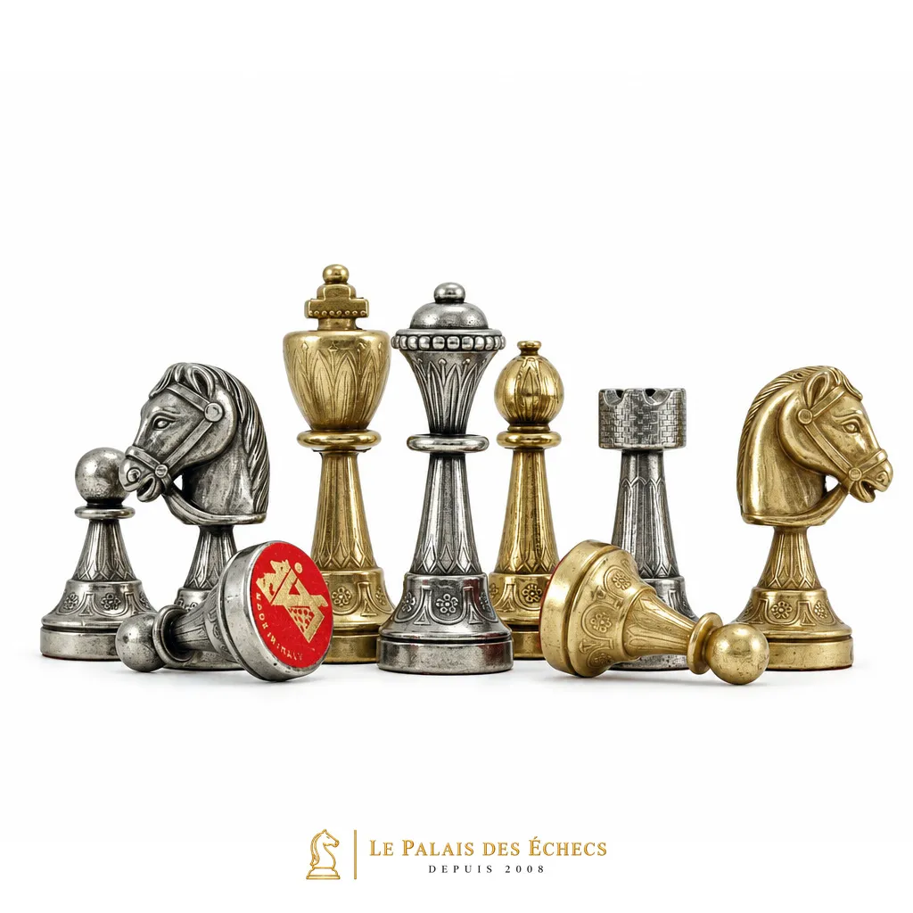 Pièces métalliques dorées et argentées du jeu d'échecs Staunton Mix IV présentées côte à côte