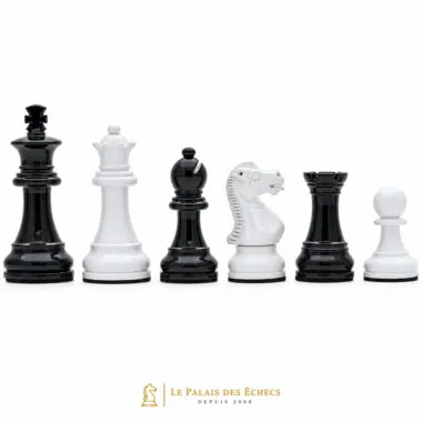 Pièces d'échecs Staunton laquées noir et blanc alignées en rangée