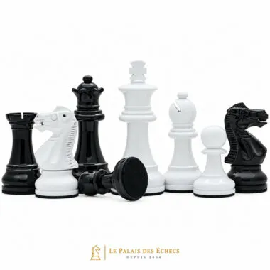 Pièces d'échecs Staunton laquées avec cavaliers, dame et feutrine visible