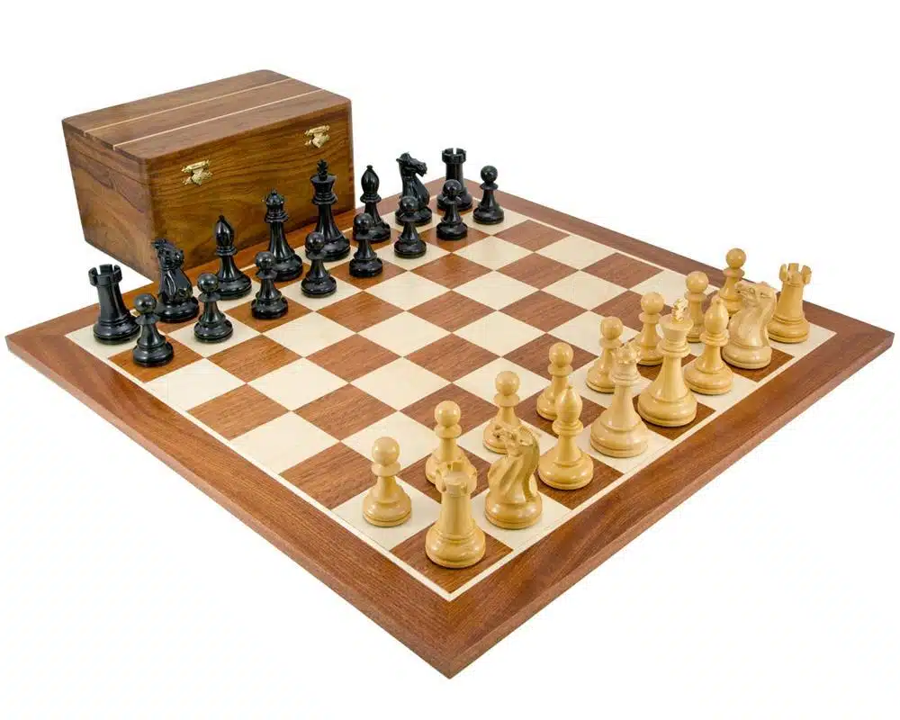 Ensemble Competition Echiquier en Bois d'Erable et d'Acajou, Jeu d'Echecs en Bois & Coffret de Rangement en Bois de Rose Doré