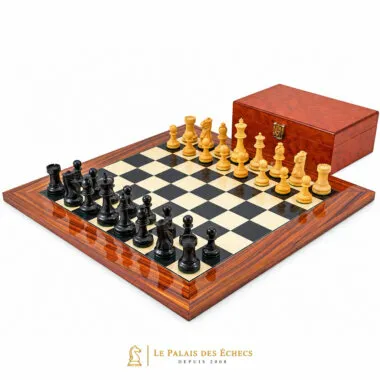 Ensemble Supreme II : échiquier en érable et rose doré, pièces ébène et buis, coffret en placage de racines