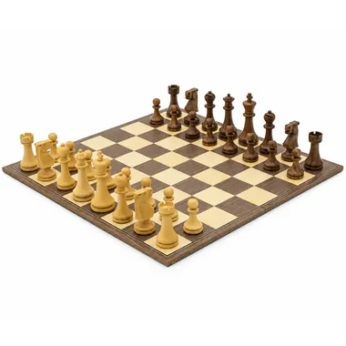 Ensemble complet avec pièces en bois de rose doré sur échiquier pliable noyer et érable
