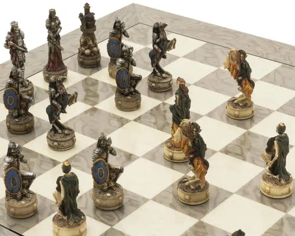 Ensemble Dark Fantasy, vue en angle montrant cavaliers et pièces guerrières sur l'échiquier