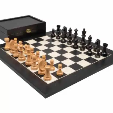 Ensemble Knight Design Echiquier en Bois de Peuplier Noir et Erable Blanc & Jeu d'Echecs en Bois de Buis Ebonisé avec Coffret de Rangement