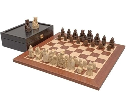 Ensemble Ile de Lewis Echiquier en Bois d’Acajou, Jeu d’Echecs Ile de Lewis et Coffret de Rangement