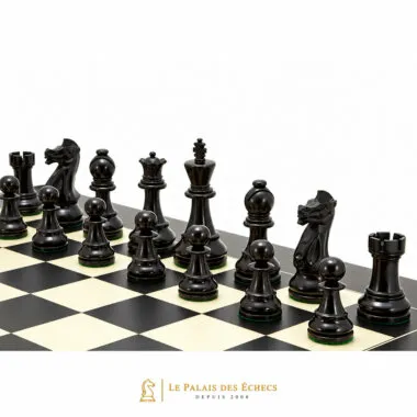 Pièces foncées en buis alignées en rang serré sur l'échiquier en érable