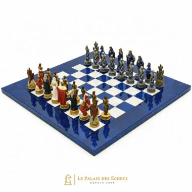 Ensemble Camelot Roi Arthur VIII complet sur échiquier bleu et blanc en bois