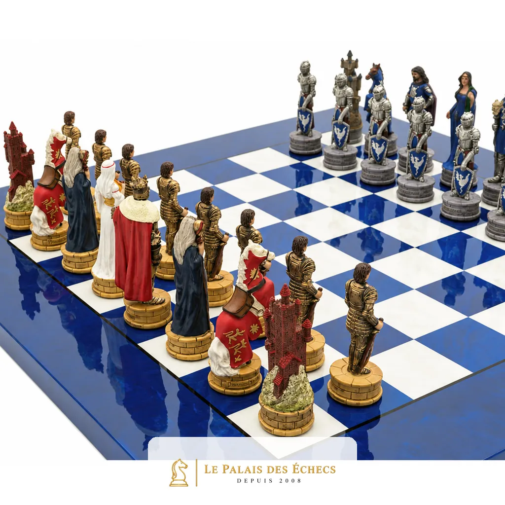 Vue d'ensemble en angle des armées rouge et bleue déployées sur l'échiquier Camelot