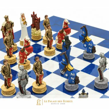 Vue rapprochée des cavaliers et chevaliers rouges et bleus face à face sur l'échiquier