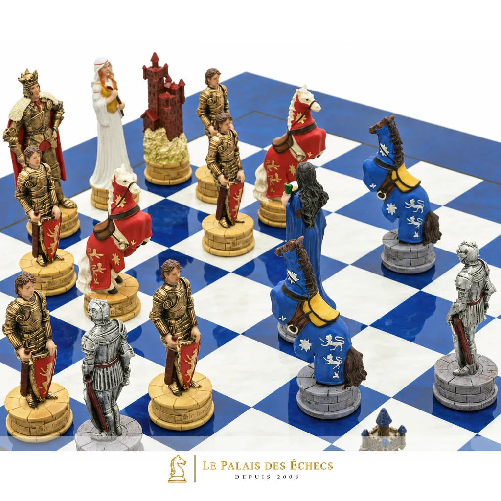 Vue rapprochée des cavaliers et chevaliers rouges et bleus face à face sur l'échiquier