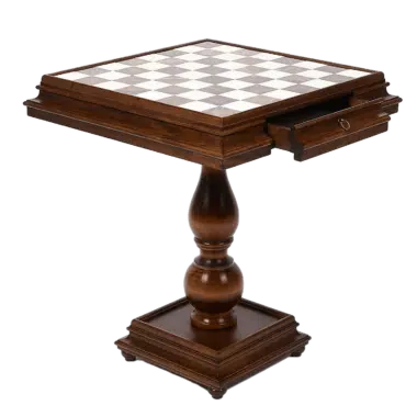 Table Luxe Echiquier et Tiroir de Rangement en Bois d'Hêtre et Plateau de Jeu en Marbre de Carrare et Albâtre de Toscane