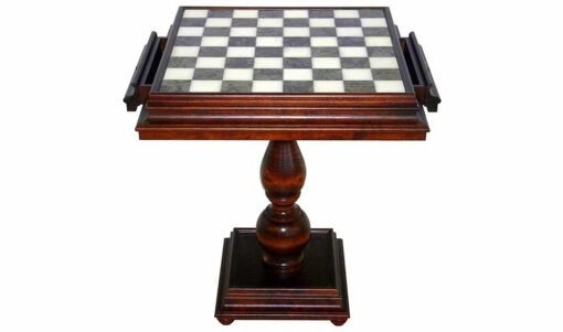 Table "Luxe" Echiquier et Tiroir de Rangement en Bois d'Hêtre et Plateau de Jeu en Marbre de Carrare et Albâtre de Toscane
