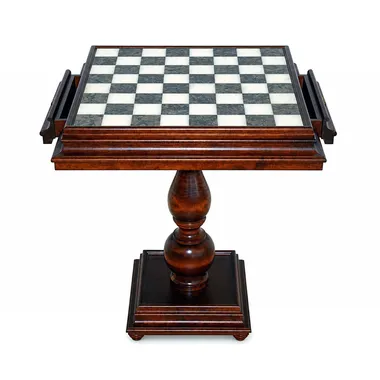 Table échiquier de luxe en hêtre, plateau en marbre de Carrare et albâtre, vue d'ensemble