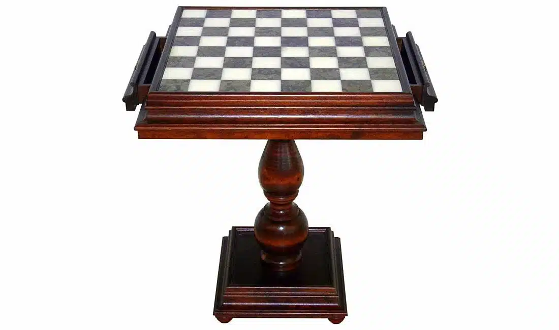 Table "Luxe" Echiquier et Tiroir de Rangement en Bois d'Hêtre et Plateau de Jeu en Marbre de Carrare et Albâtre de Toscane