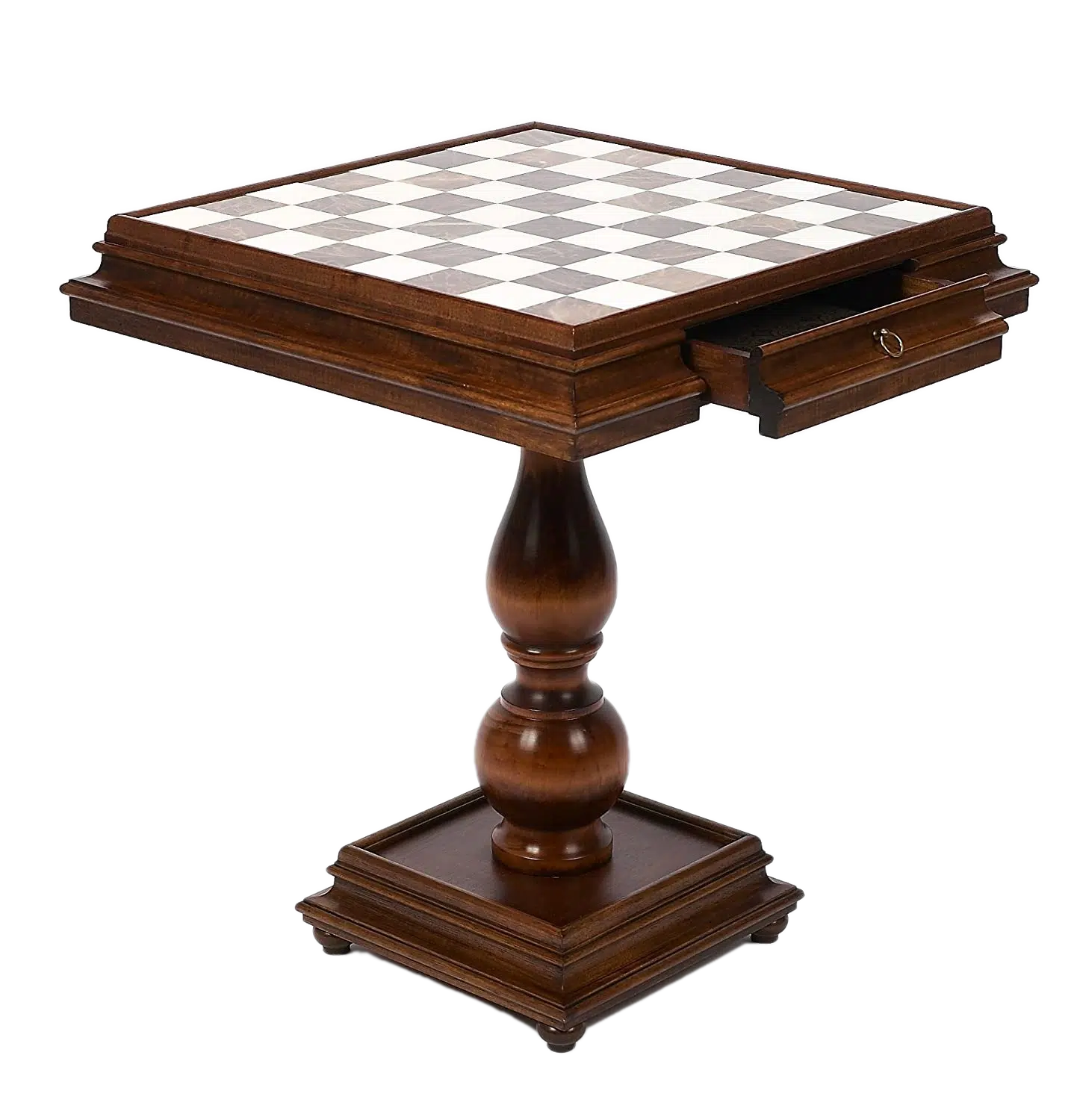 Table Luxe Echiquier et Tiroir de Rangement en Bois d'Hêtre et Plateau de Jeu en Marbre de Carrare et Albâtre de Toscane